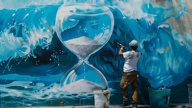 Foto pintura mural de relógio de areia transformando-se em momentos de vida em cenário urbano