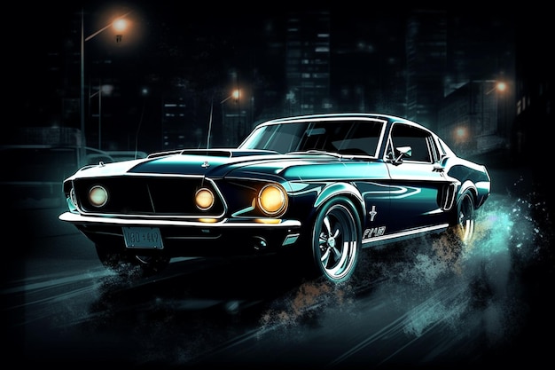 Una pintura de un mustang en una noche oscura.