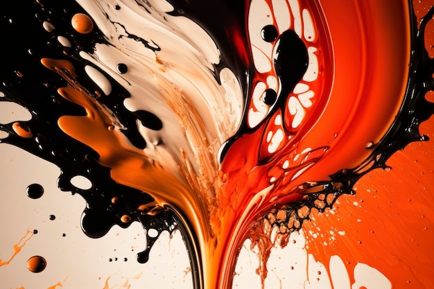 Una pintura naranja y negra con toques de pintura roja al estilo de la fotografía fluida
