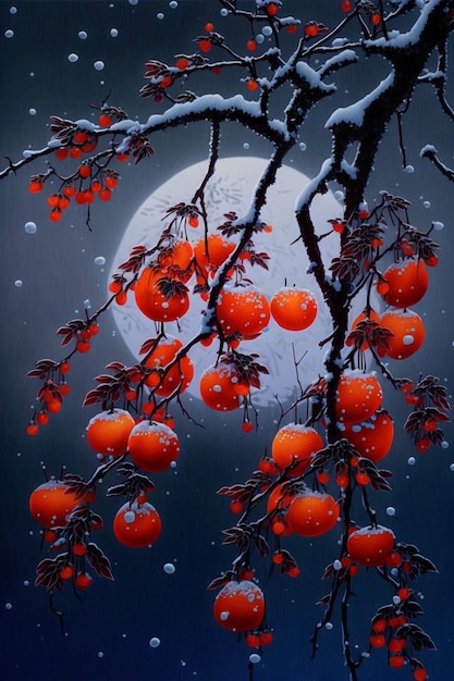 Pintura de naranjas en un árbol con luna llena de fondo ai generativo