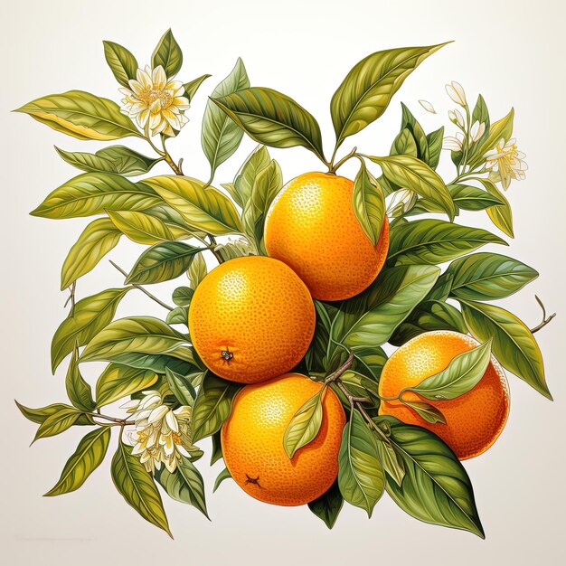 una pintura de naranjas y hojas con un montón de hojas y flores