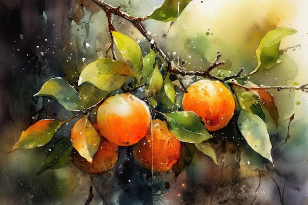 Una pintura de naranjas en una rama.