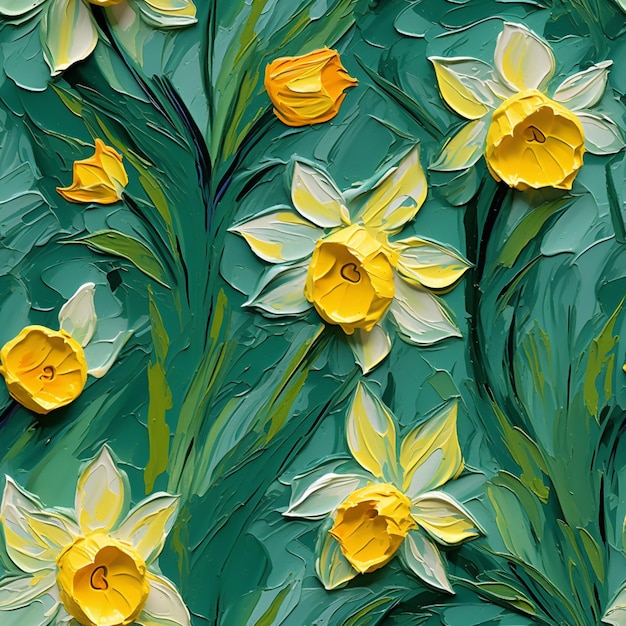 Pintura de narcisos amarillos sobre un fondo verde