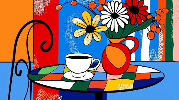 Foto una pintura de naturaleza muerta colorida de un jarrón de flores y una taza de café en una mesa