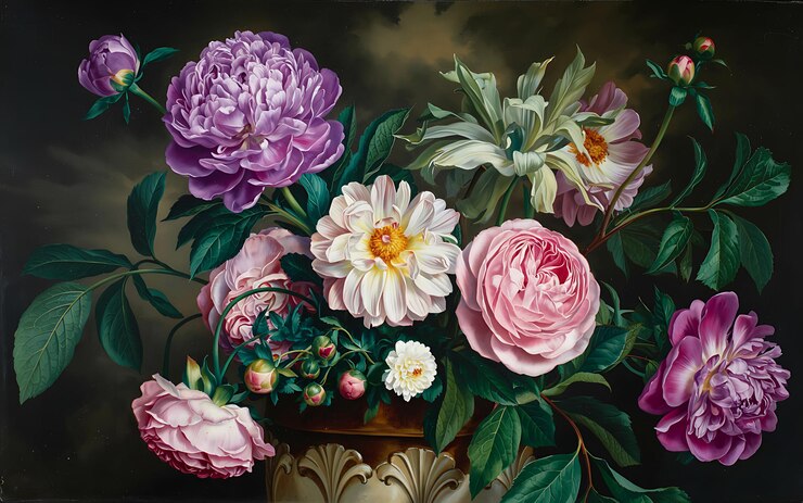 Pintura de naturaleza muerta de flores rosadas y púrpuras en un jarrón dorado