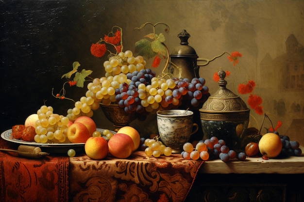 pintura de una naturaleza muerta de frutas y un jarrón en una mesa generativa ai