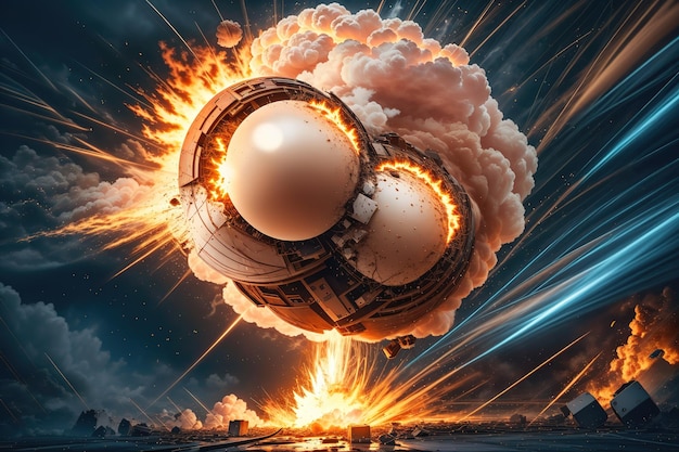 Una pintura de una nave espacial con una esfera en llamas y la palabra planeta en ella.