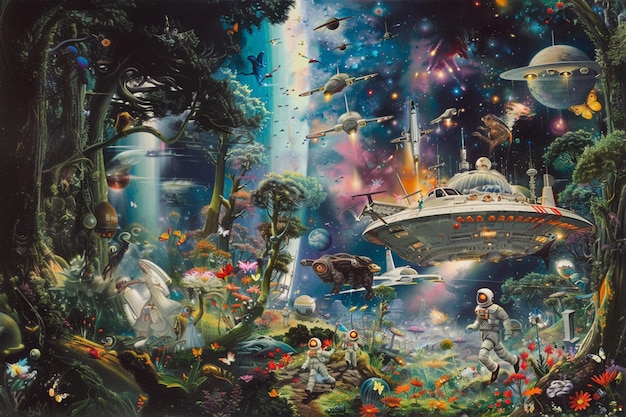 pintura de una nave espacial volando sobre un bosque lleno de gente generativa ai