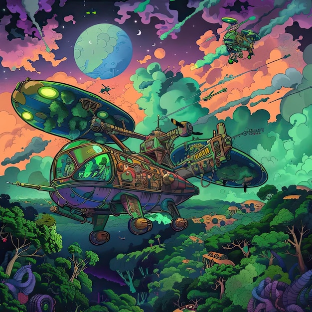 Una pintura de una nave espacial volando sobre un bosque