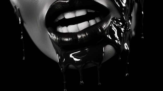 La pintura negra gotea de los labios negros el líquido oscuro cae en la boca de la hermosa modelo