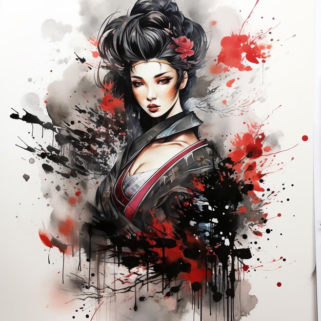 Foto pintura negra pintura tradicional fácil nara artista japonesa mujer en pintura de oro sumi e papel