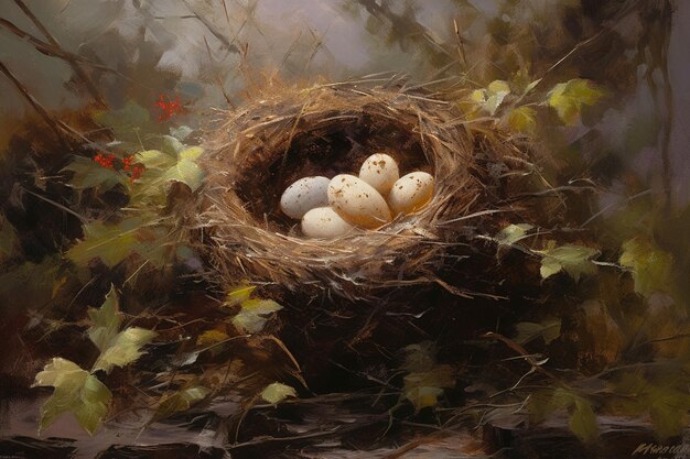 Una pintura de un nido con huevos en él.