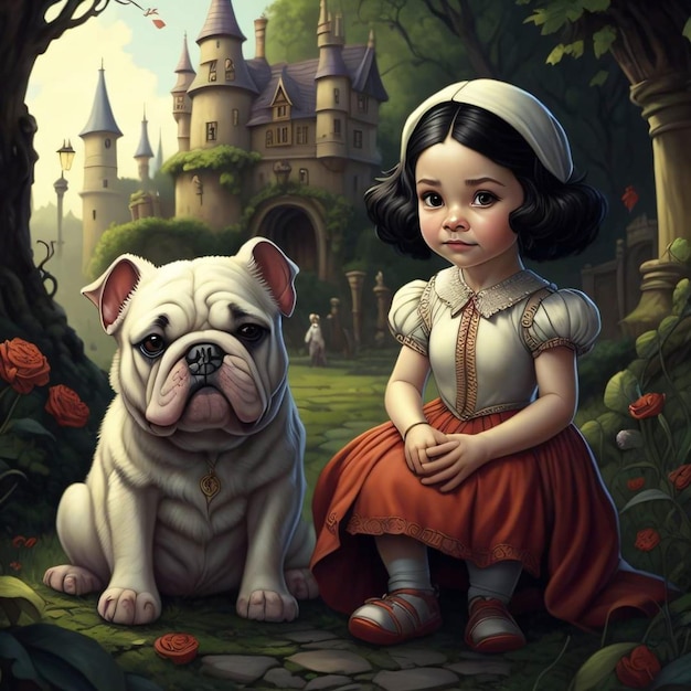 Una pintura de una niña y un bulldog.