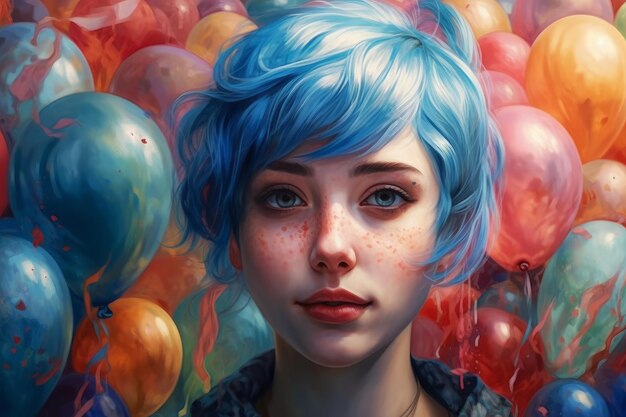 Una pintura de una niña con cabello azul y cabello azul.