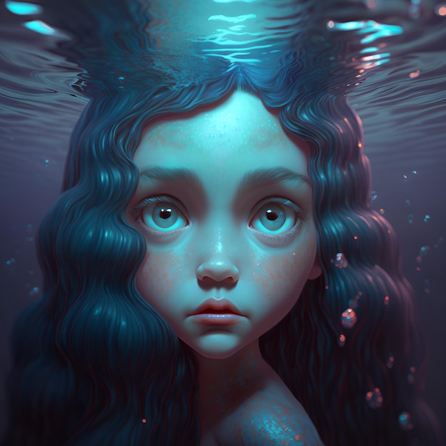 Una pintura de una niña con cabello azul y ojos azules se titula "el agua es azul".