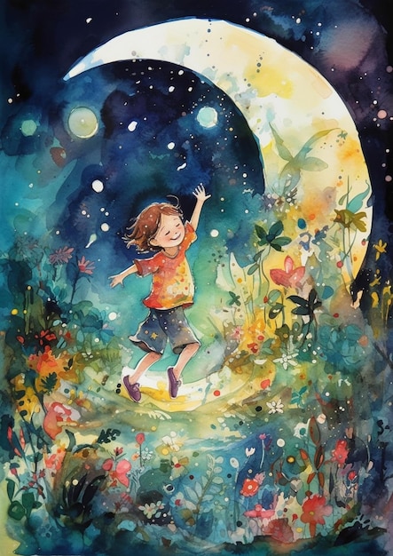 Una pintura de una niña caminando por un sendero con una luna al fondo.