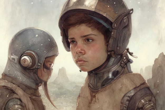 Una pintura de una niña con casco y un casco de Star Wars.