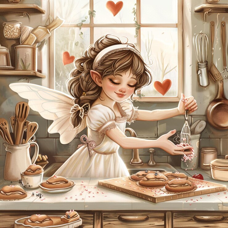pintura de una niña en una cocina preparando galletas generativa ai