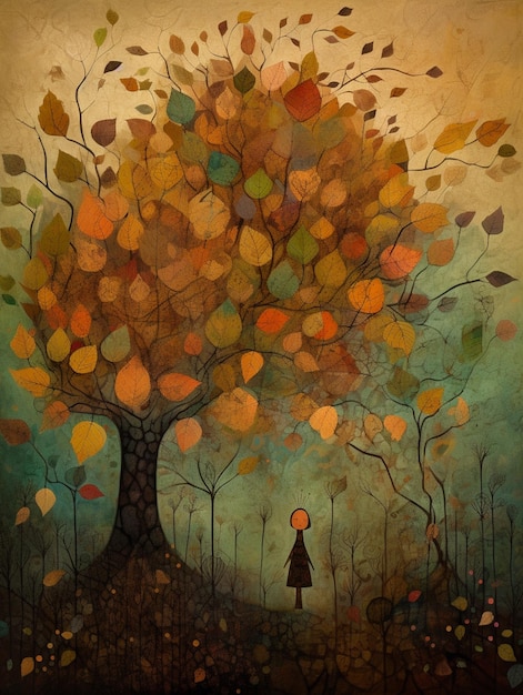 Una pintura de una niña debajo de un árbol con las palabras "el árbol".
