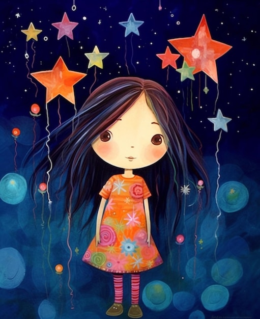 Foto una pintura de una niña con estrellas y globos en el cielo ai generativo