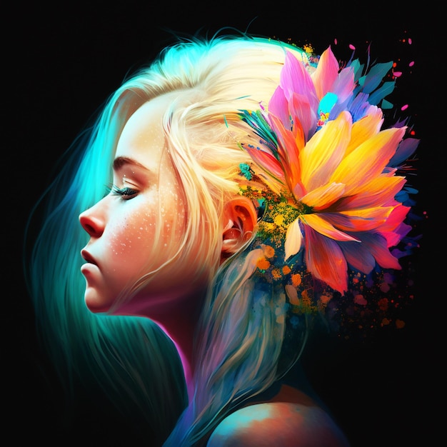 Una pintura de una niña con una flor en el pelo.