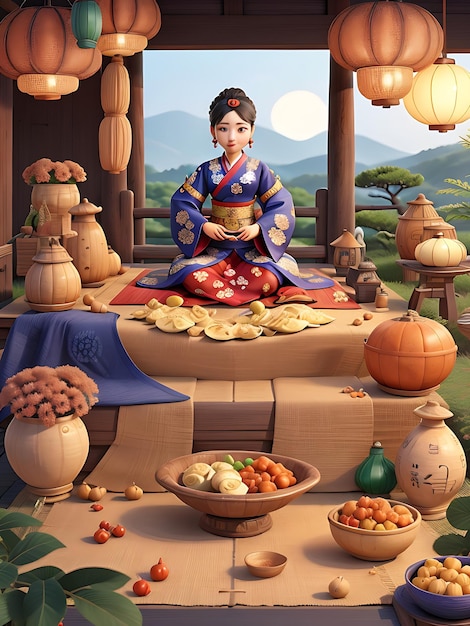 Una pintura de una niña japonesa vendiendo comida chuseok 2023 celebración de chuseok AI GENERADO