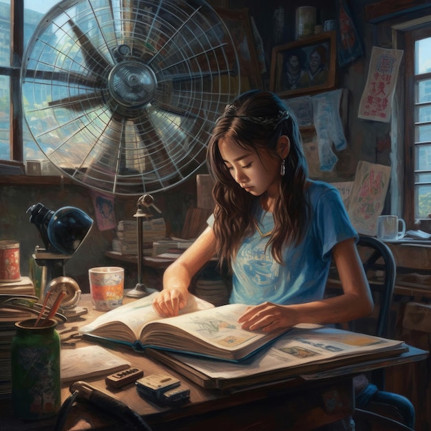 Una pintura de una niña leyendo un libro del artista del artista.