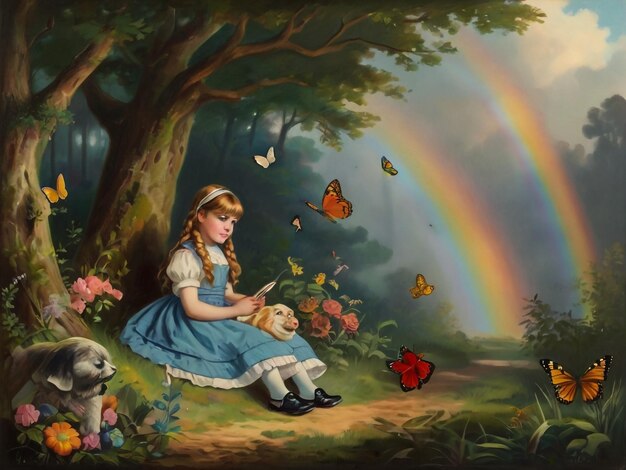 una pintura de una niña leyendo un libro con mariposas y un gato