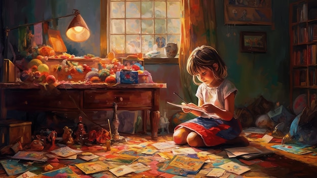 Una pintura de una niña leyendo un libro.