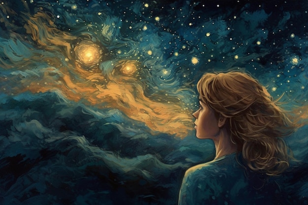 Una pintura de una niña mirando las estrellas.