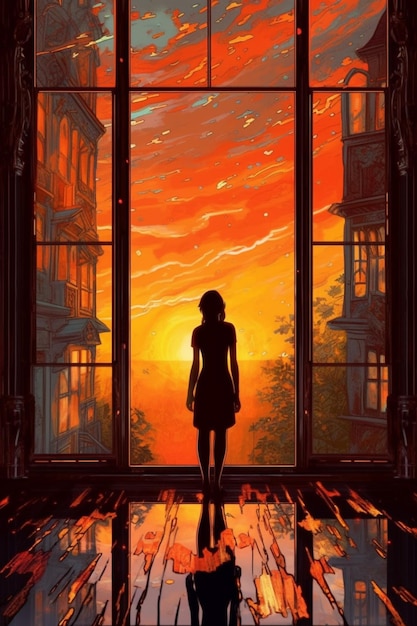 Una pintura de una niña mirando por la ventana al atardecer.