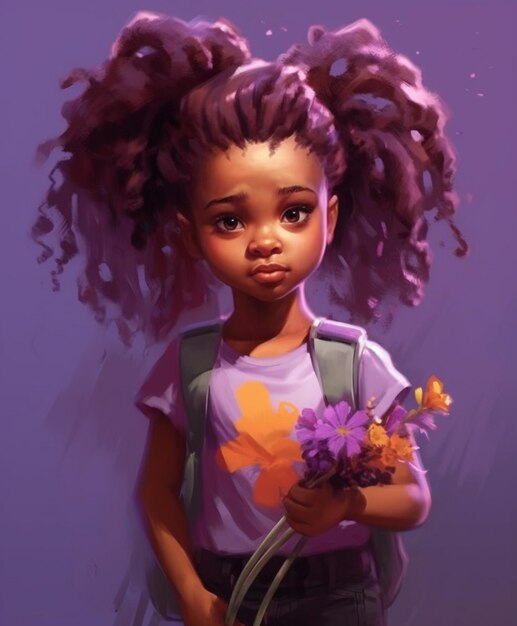 una pintura de una niña con una mochila con flores generativa ai