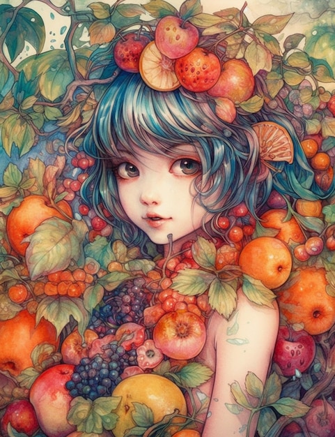 Una pintura de una niña con el pelo azul y un montón de frutas en la cabeza.