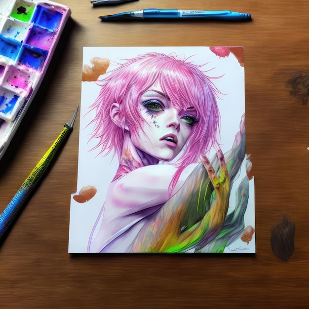 Una pintura de una niña con el pelo rosa y un pincel encima.