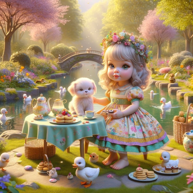 Foto una pintura de una niña pequeña y un conejo con un libro llamado el conejo pequeño