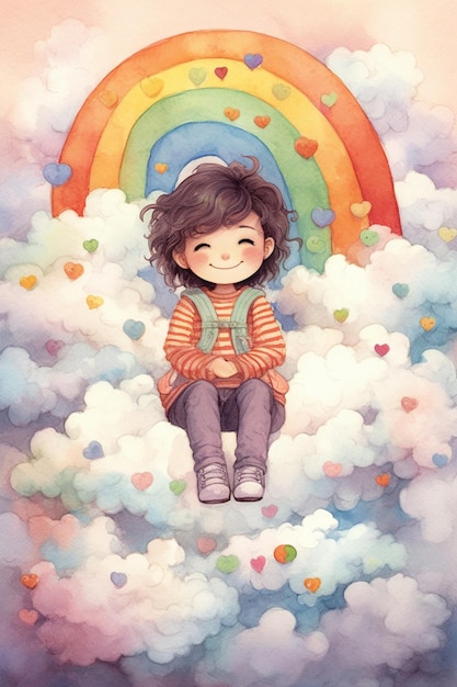 Pintura de una niña sentada en una nube con un arco iris en el fondo