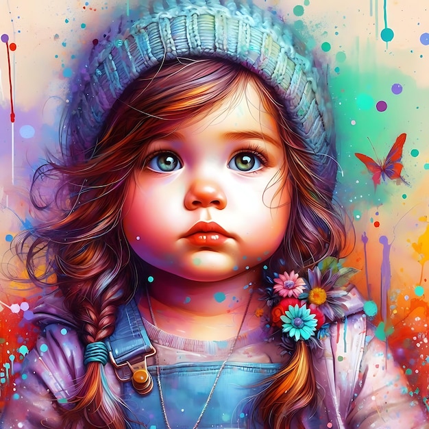 una pintura de una niña con un sombrero azul y una flor en el cabello