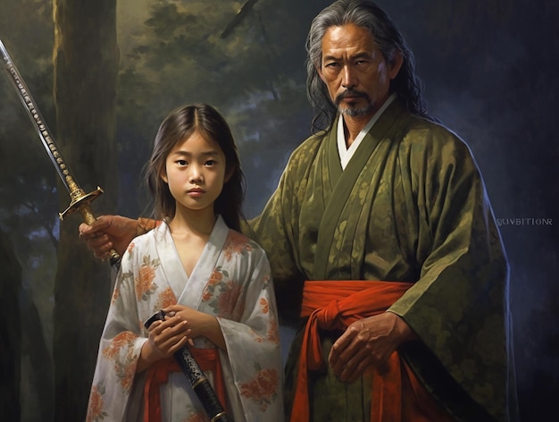 Una pintura de una niña sosteniendo una espada y un hombre sosteniendo una espada.