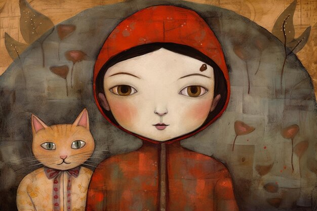 Una pintura de una niña con una sudadera con capucha roja y un gato.