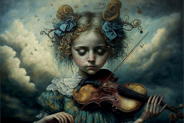 Una pintura de una niña tocando un violín.