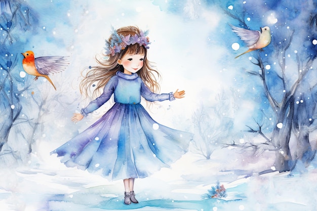 Una pintura de una niña vestida de bailarina con un pájaro Concepto de invierno