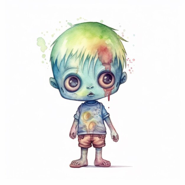 una pintura de un niño con cabello verde y una camisa azul generativa ai