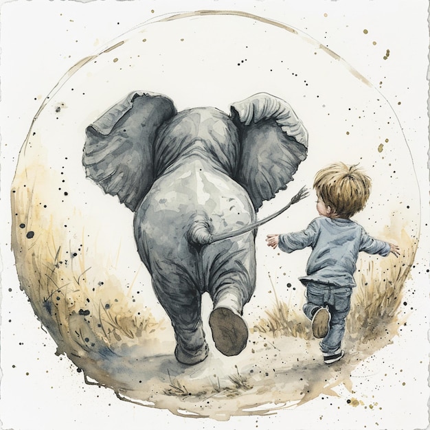 pintura de un niño corriendo con un elefante en el fondo generativo ai.