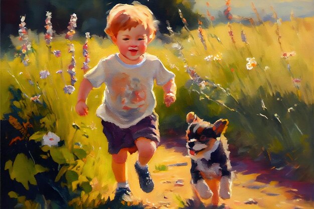 Foto una pintura de un niño corriendo con un perro