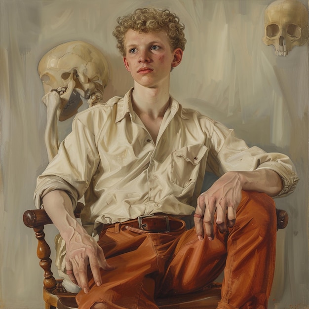 una pintura de un niño con un cráneo y un cráneo en el fondo