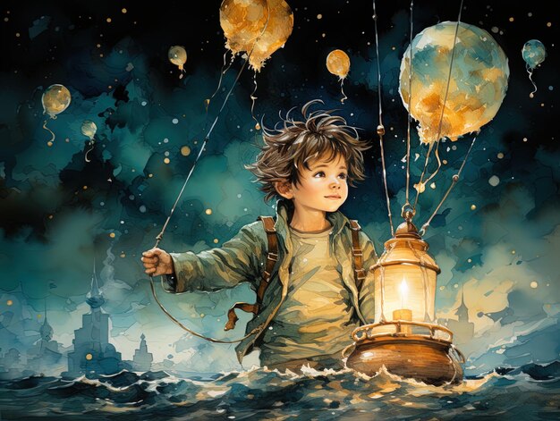 una pintura de un niño con globos y una linterna