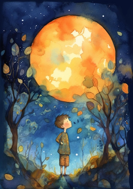 Una pintura de un niño mirando la luna.