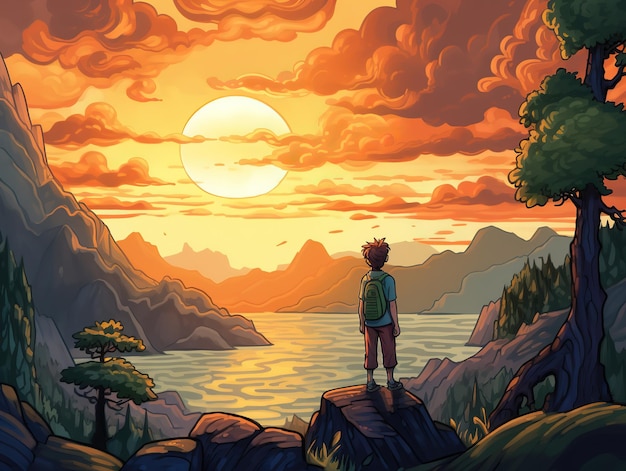 Una pintura de un niño mirando la puesta de sol.
