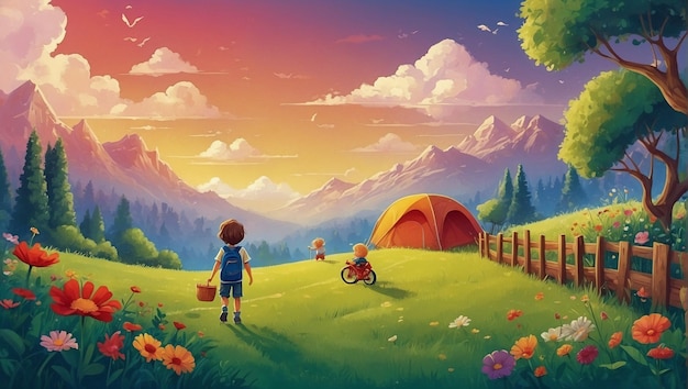 una pintura de un niño y una montaña con una canasta de comida delante de él