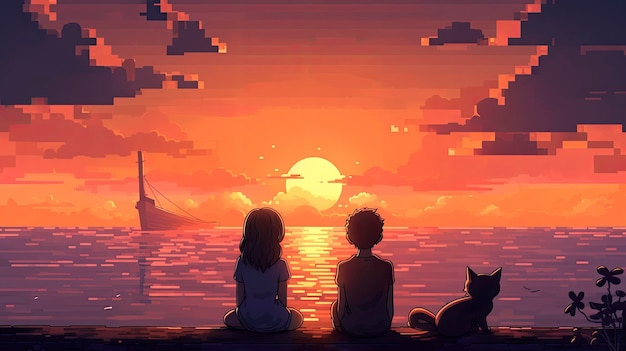 Una pintura de un niño y una niña mirando la puesta de sol.